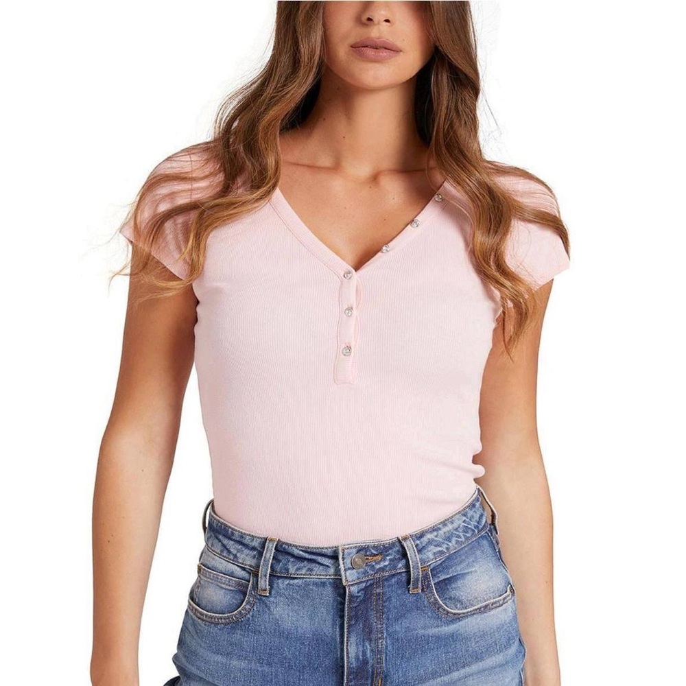 NWT Guess V-Neck Henley Logo Short Sleeve Top